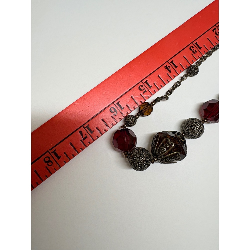 Avon Vintage Style Station Necklace Burgundy Warm Honey Beads Antique Brass - Picture 5 of 8